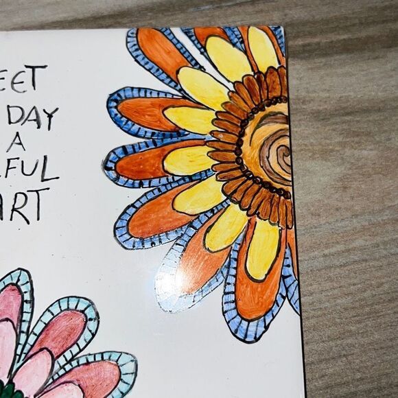 Hand Painted Tile Trivet With Cork Back Greet Each Day With A Hopeful Heart - Picture 3 of 7